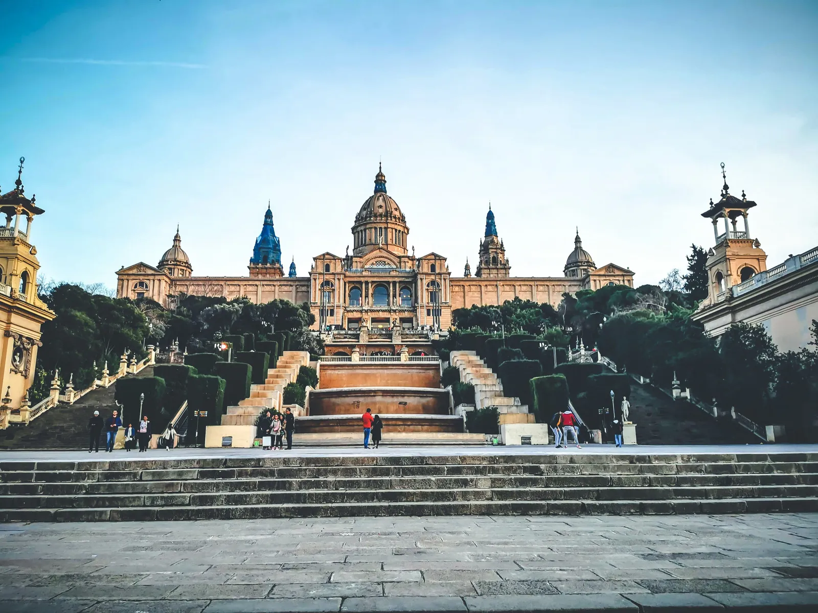The grand facade of the national art museum on Montjuic hill above Barcelona, Spain