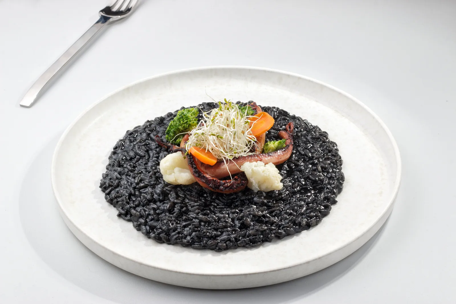 A dark plate of arros negre, black squid ink rice, served with alioli in a Barcelona restaurant, Spain