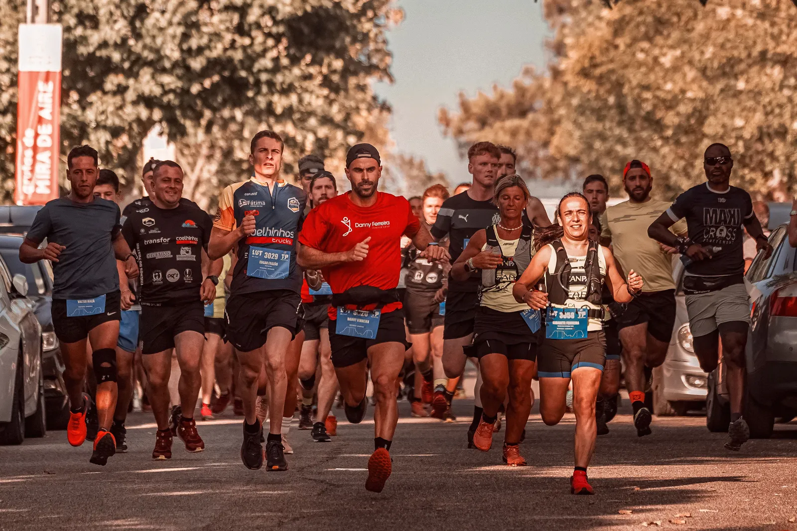 The lead pack of runners in a road race, numbered bibs on, running in daylight
