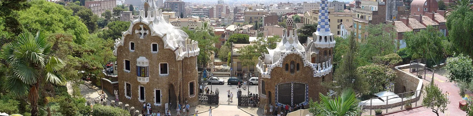 The mosaic terraces of Park Güell on a bright spring day