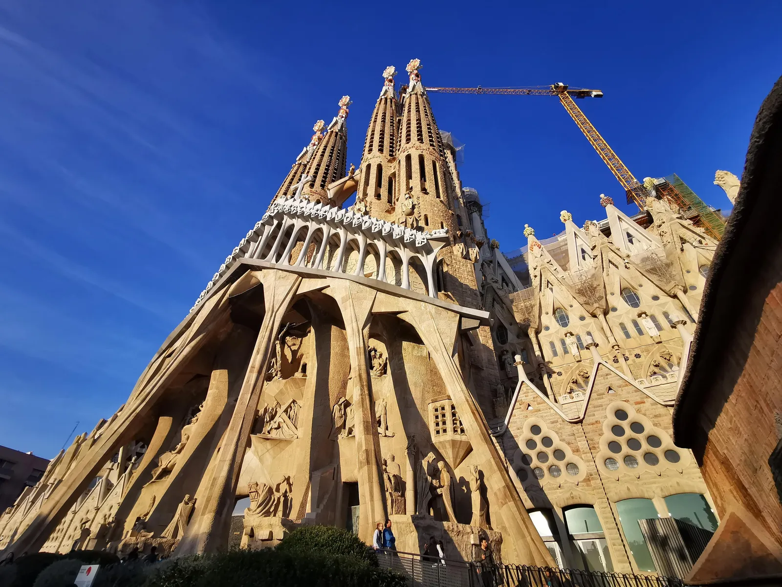 The Sagrada Familia in Barcelona seen from the street with construction cranes still standing beside the towers