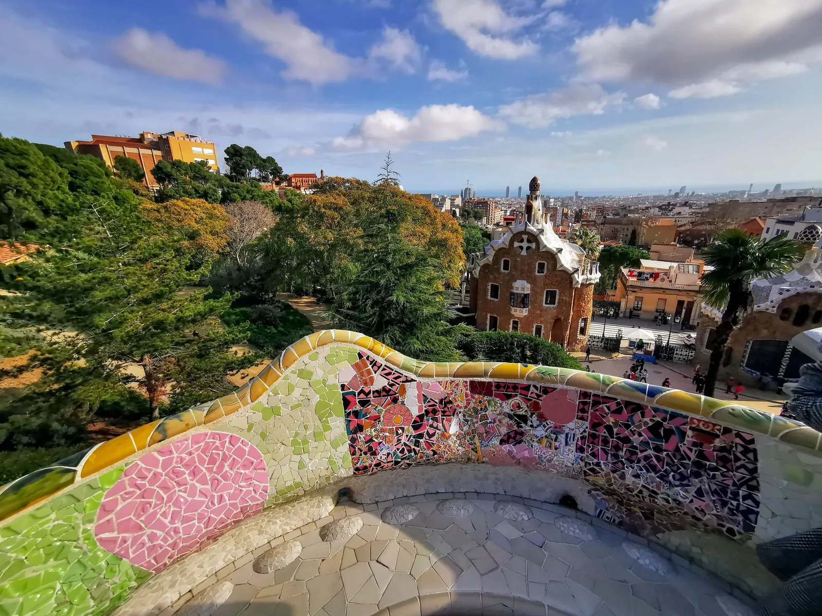 The mosaic terrace at Park Güell overlooking Barcelona