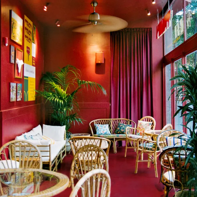 A seating area with red walls, rattan armchairs, palm plants and a burgundy curtain