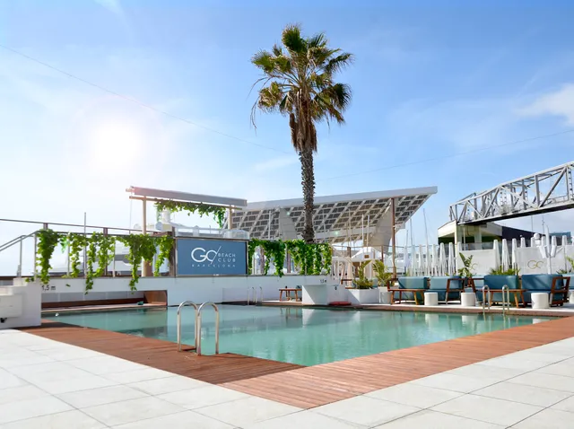 A pool with a wooden deck and a palm tree, and sun loungers under a clear sky