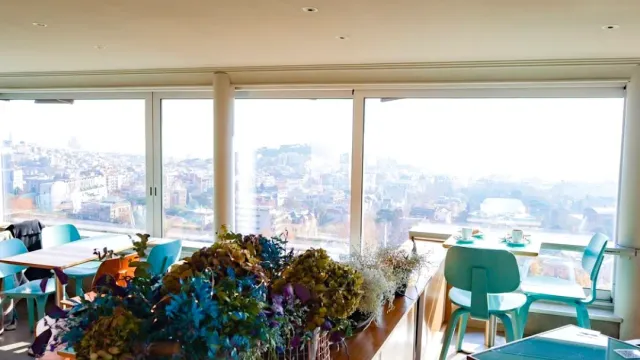Floor to ceiling windows with a view of a city on hills, turquoise chairs and greenery