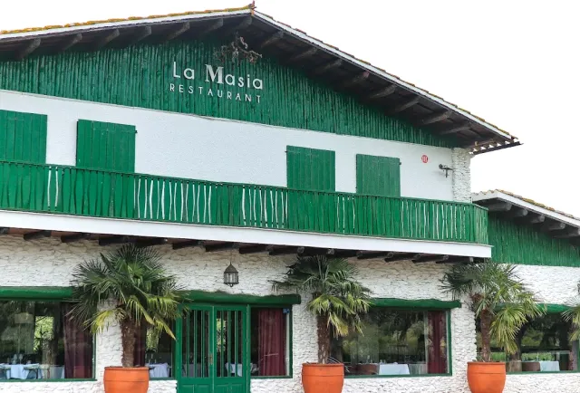 A white building with green shutters and wooden railing, and palms in clay pots in front
