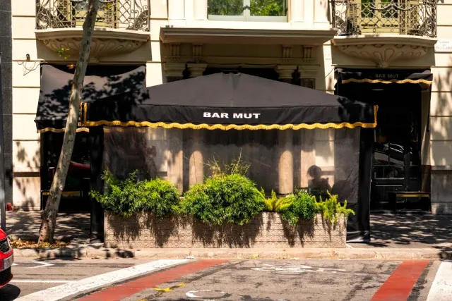 A black awning with white lettering above a terrace framed by shrubs on a quiet street