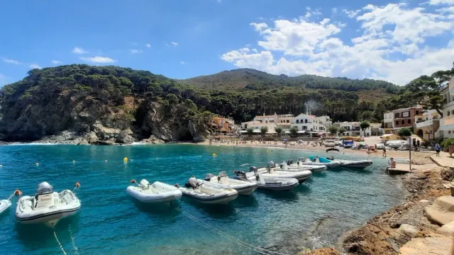 Inflatable boats moored in a turquoise cove, white houses and a wooded hill behind