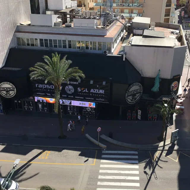 A view from above of a building with a black facade and signs, palms and a crosswalk on the street
