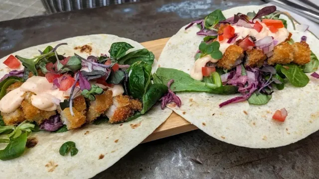 Two open tortillas with crispy strips, green leaves and pink sauce
