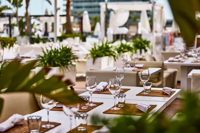 Set tables with wine glasses and napkins among plants, with shaded daybeds in the background