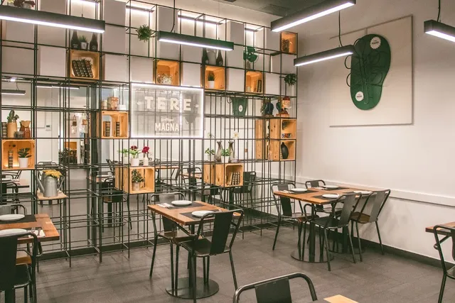 A bright dining room with wooden tables, metal chairs and a grid partition with crates and plants