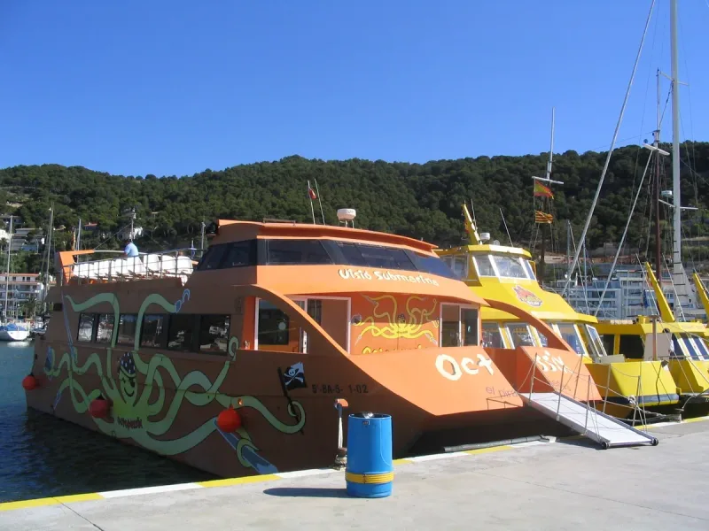 Orange tourist boat painted with an octopus moored at a jetty among yachts