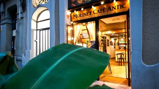 An entrance lit in the evening with a hanging sign and bulbs, and a large green leaf in front