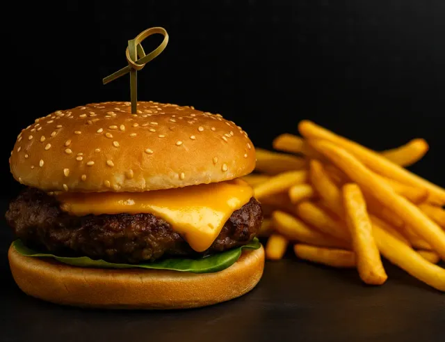A burger in a sesame bun with melting cheese, beside a pile of fries on a black background