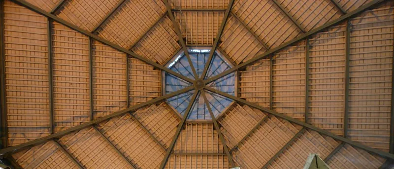 Octagonal iron and glass market hall roof seen from below