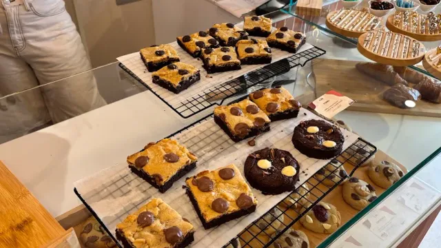Brownie squares with chocolate chunks on cooling racks, behind glass