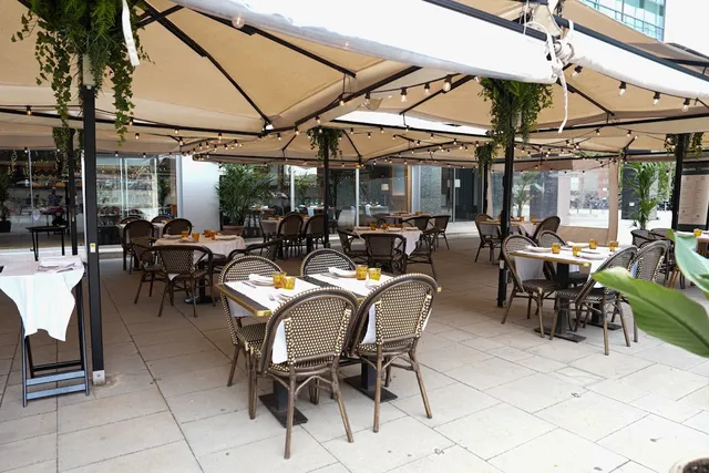 A wide terrace under large umbrellas, with wicker chairs and strings of lights
