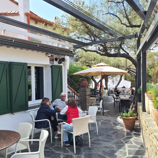 A paved terrace under a glass roof with white chairs, a parasol and olive trees