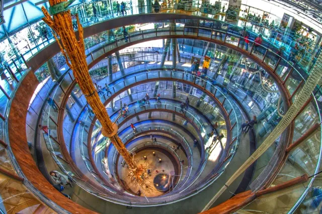 Circular ramps descending around a tall tree trunk, with visitors on every level